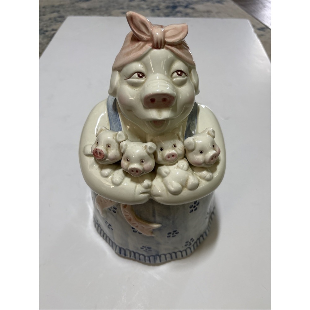 Ceramic Pig Cutest Cookie Jar Ever Momma Pig In Apron with 4 Little Piglets EUC